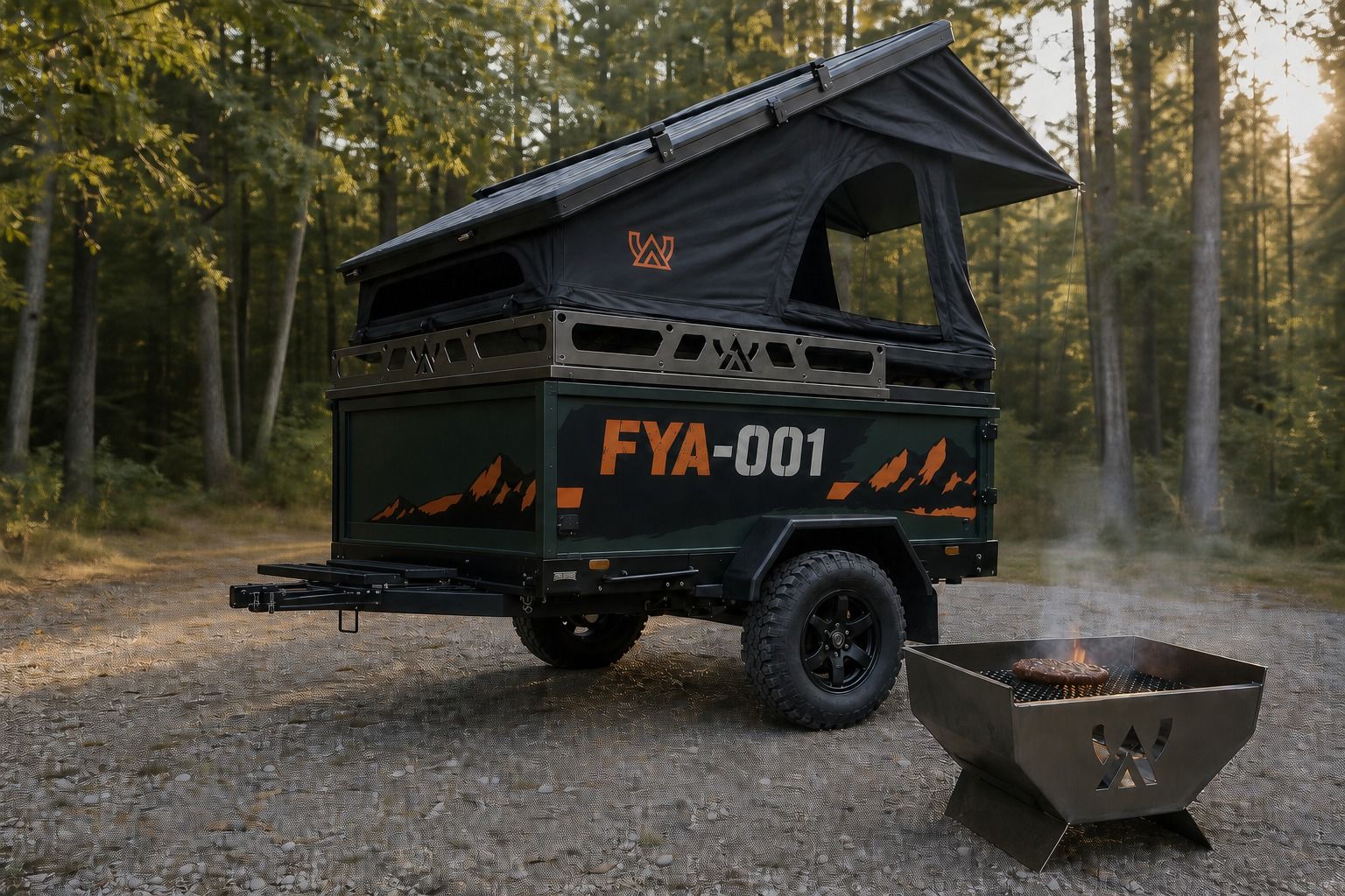 FYA-trailer bij een kampvuur met de keuken uitgeschoven